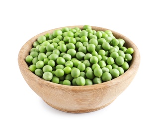 Photo of Bowl with delicious fresh green peas on white background