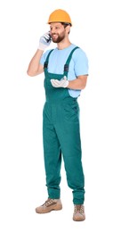 Photo of Professional repairman in uniform talking on smartphone against white background