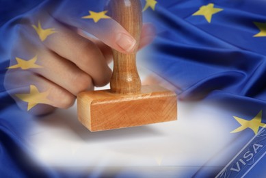 Image of Multiple exposure of woman stamping visa document and flag of European Union, closeup