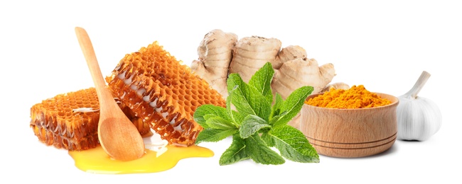 Image of Set of fresh products serve as natural antibiotics isolated on white. Banner design