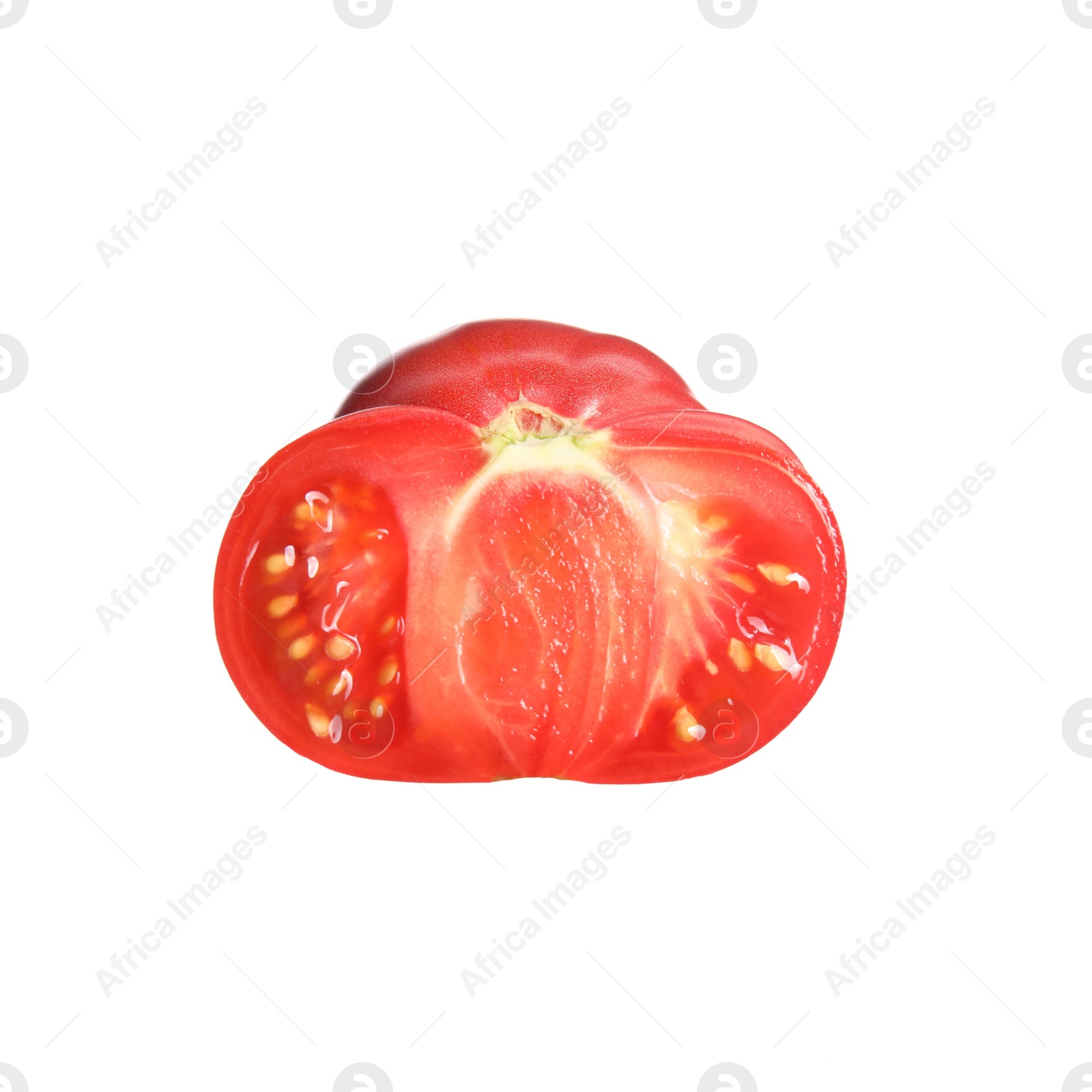 Photo of Half of ripe red tomato on white background