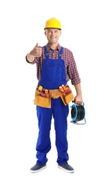 Photo of Electrician with extension cord reel and tools  wearing uniform on white background