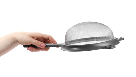 Woman with sieve on white background, closeup