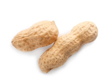 Photo of Raw peanuts in pods on white background, top view