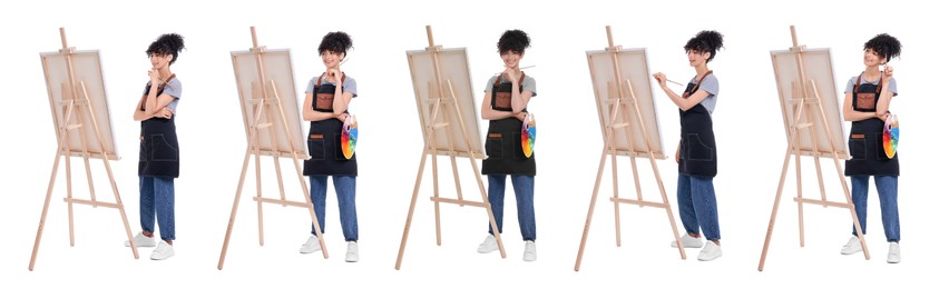 Image of Collage with photos of painter near easel on white background