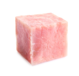 Photo of Cube of tasty fresh ham isolated on white