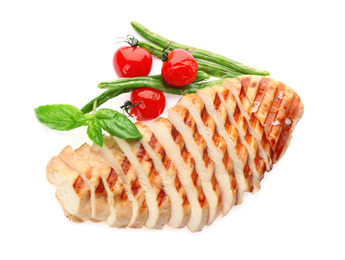 Photo of Tasty grilled chicken fillet with green basil, beans and tomatoes isolated on white, top view