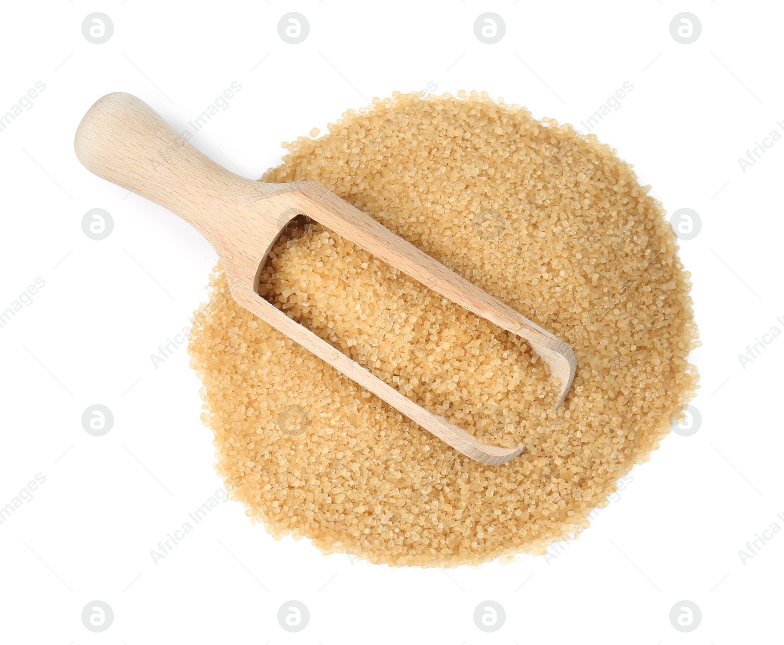 Pile of brown sugar and wooden scoop isolated on white, top view Photo of Pile of brown sugar and wooden scoop isolated on white, top view