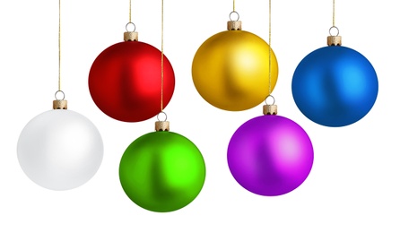 Image of Set of bright Christmas balls on white background
