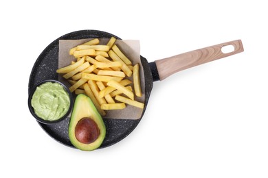 Photo of Serving pan with delicious french fries and avocado dip isolated on white, top view