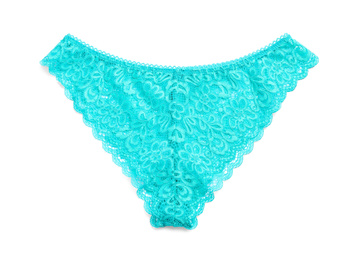Photo of Elegant turquoise women's underwear isolated on white, top view