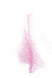 Photo of Pink glitter on white background, top view