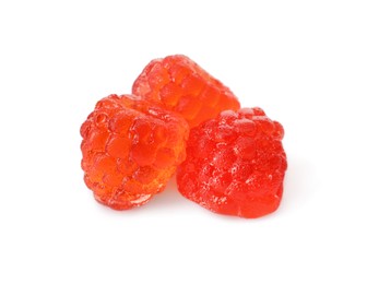 Photo of Delicious gummy raspberry candies on white background