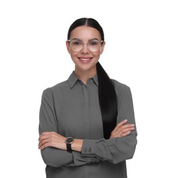 Photo of Portrait of smiling woman in glasses on white background. Lawyer, businesswoman, accountant or manager