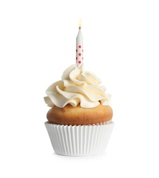 Photo of Delicious birthday cupcake with candle on white background