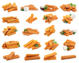 Image of Set with delicious fish fingers on on white background