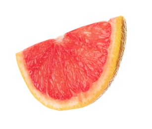 Photo of Slice of ripe juicy grapefruit on white background