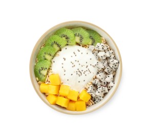 Photo of Bowl of granola with pitahaya, mango, kiwi and yogurt isolated on white, top view