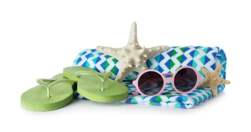Photo of Composition with beach accessories on white background