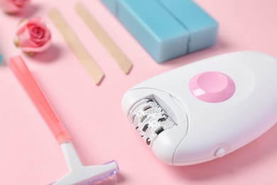 Photo of Set for epilation on color background