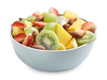 Photo of Tasty fruit salad in bowl isolated on white