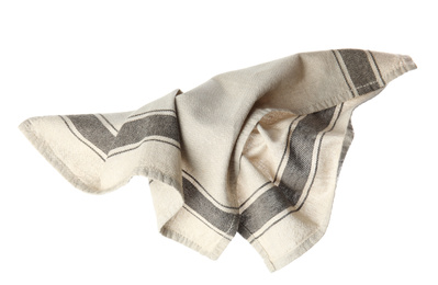 Photo of Crumpled grey fabric napkin isolated on white