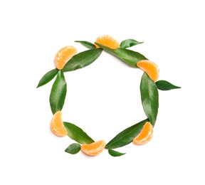 Photo of Composition with tangerine segments and leaves on white background, top view. Space for text