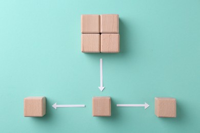 Photo of Business process organization and optimization. Scheme with wooden cubes and arrows on turquoise background, top view