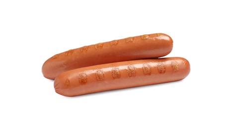 Photo of Tasty fresh grilled sausages on white background. Ingredients for hot dogs