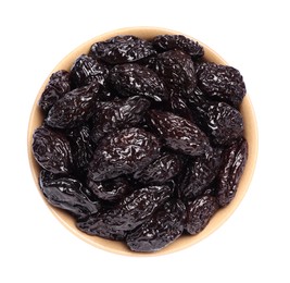Photo of Bowl with sweet dried prunes isolated on white, top view
