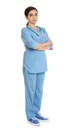Photo of Full length portrait of female doctor in scrubs isolated on white. Medical staff