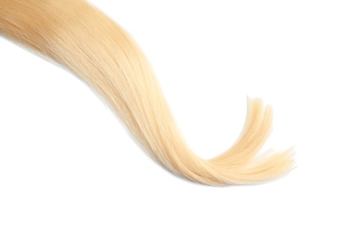 Photo of Lock of healthy blond hair on white background