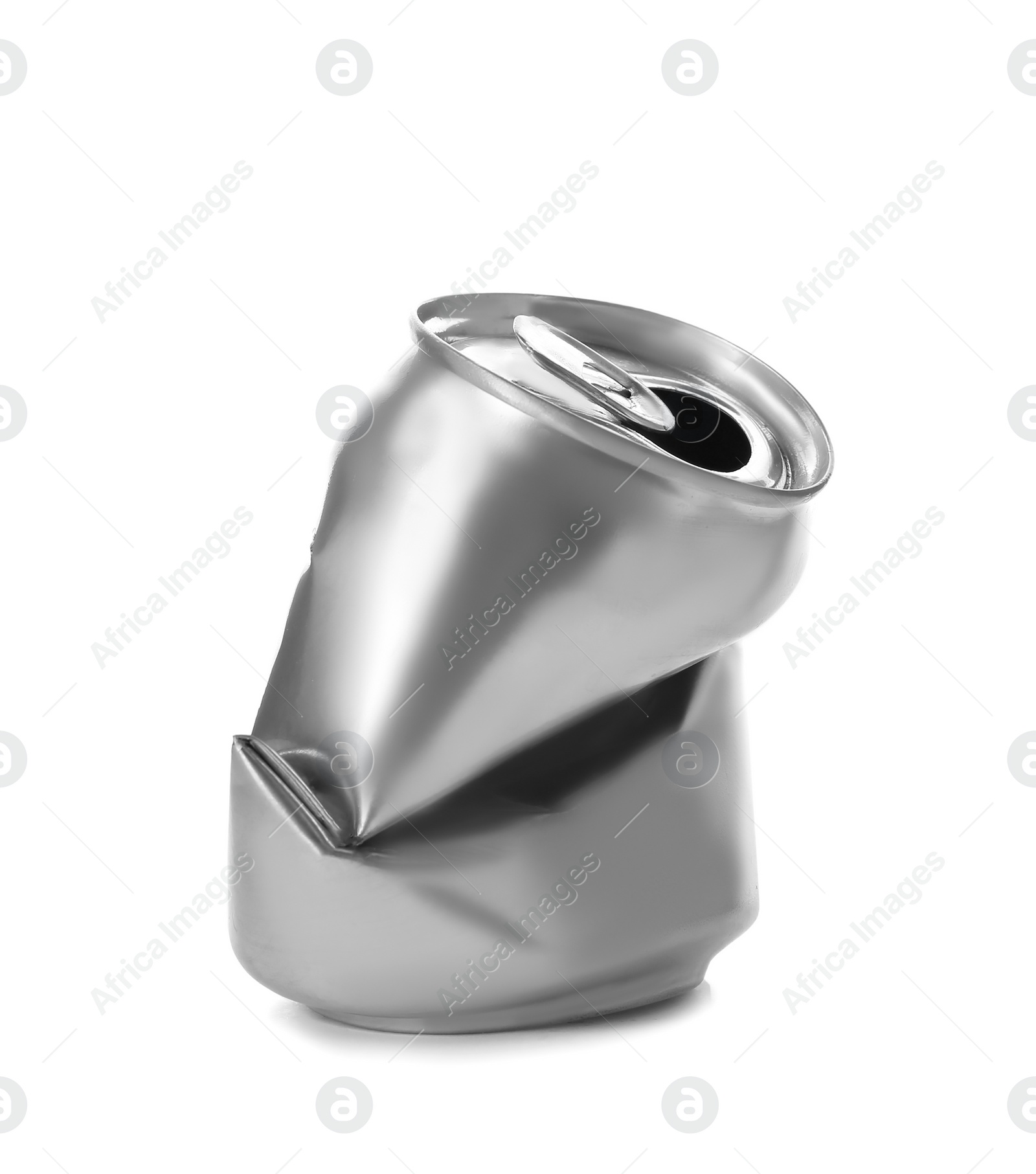 Photo of Empty crumpled aluminum can on white background. Metal waste recycling