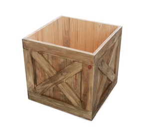 Photo of Old open wooden crate isolated on white