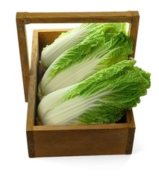 Photo of Fresh tasty Chinese cabbages in wooden crate on white background