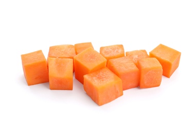 Photo of Fresh ripe carrot cut in cubes on white background