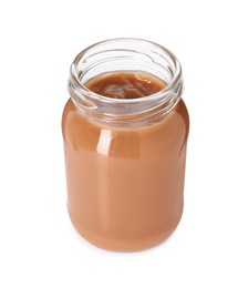 Photo of Baby food. Tasty healthy puree in jar isolated on white