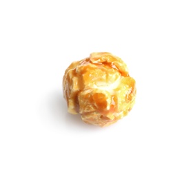 Photo of Delicious popcorn with caramel on white background