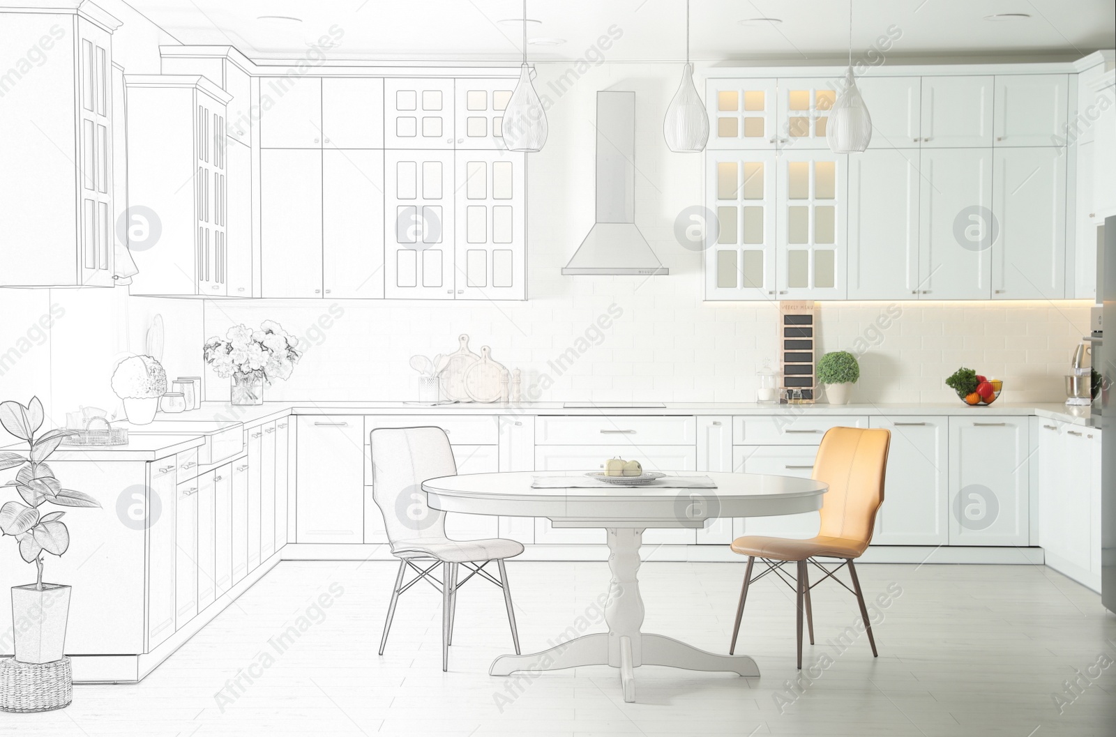 Image of Stylish kitchen interior with modern furniture. Combination of photo and sketch