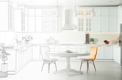 Image of Stylish kitchen interior with modern furniture. Combination of photo and sketch