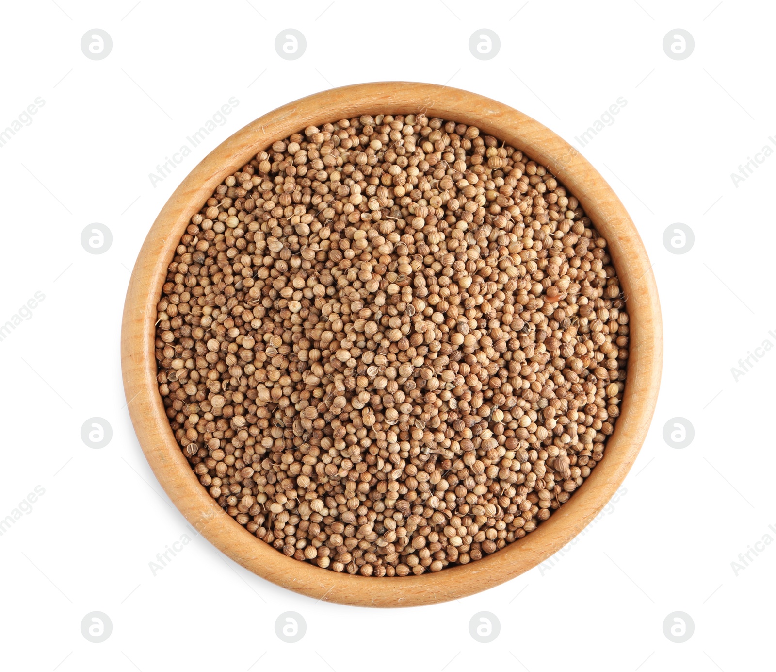 Photo of Dried coriander seeds in wooden bowl on white background, top view