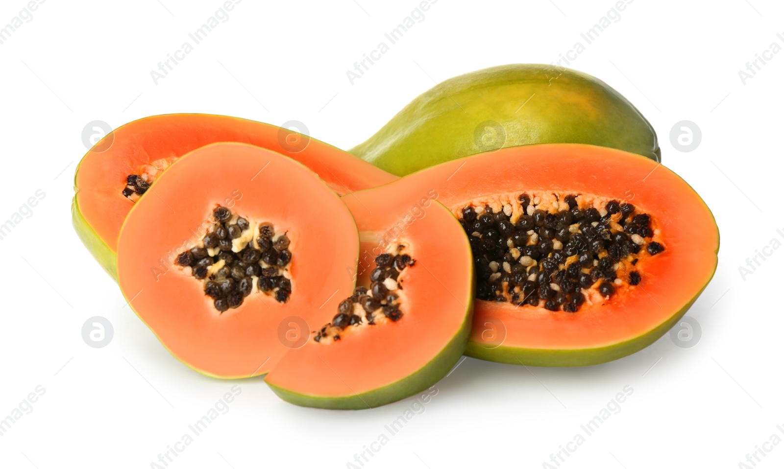 Photo of Fresh ripe papaya fruits on white background