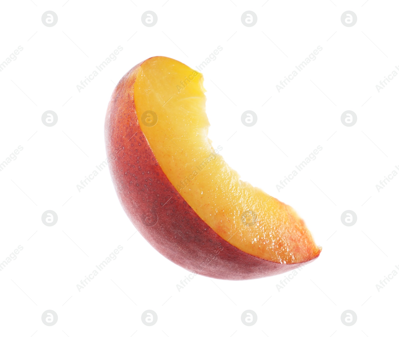 Photo of Slice of sweet juicy peach on white background