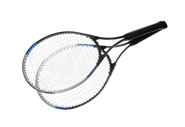 Photo of Tennis rackets on white background. Sports equipment