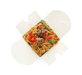 Box of wok noodles with vegetables and meat isolated on white, top view