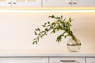 Photo of Decorative vase with branch on counter in kitchen
