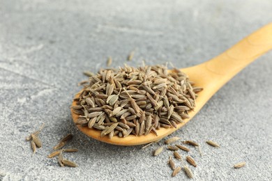 Photo of Spoon with caraway seeds on grey table, closeup