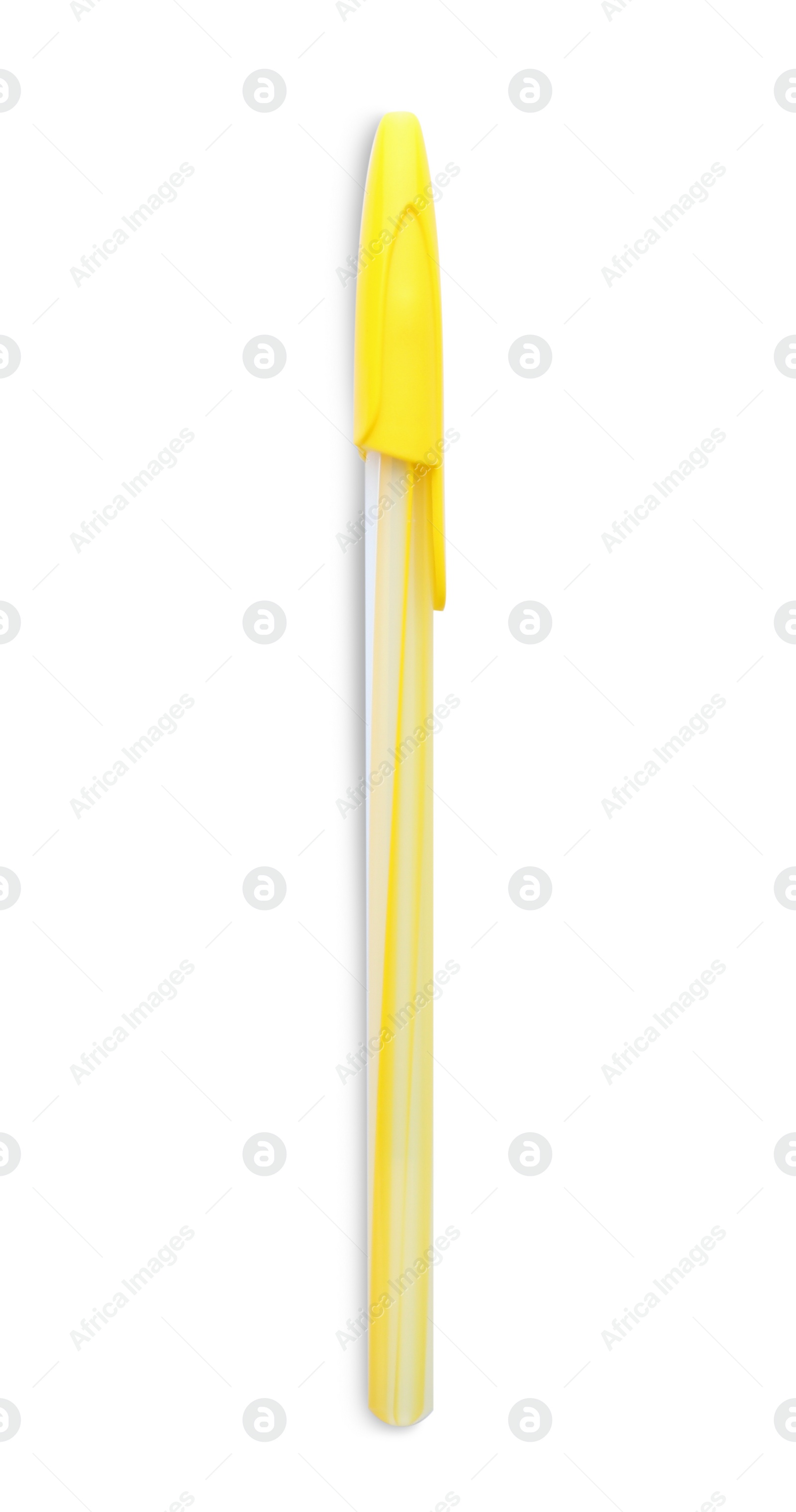 Photo of New ballpoint pen isolated on white, top view. School stationery
