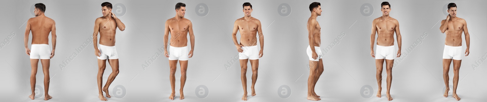 Image of Collage of man in underwear on grey background. Banner design 