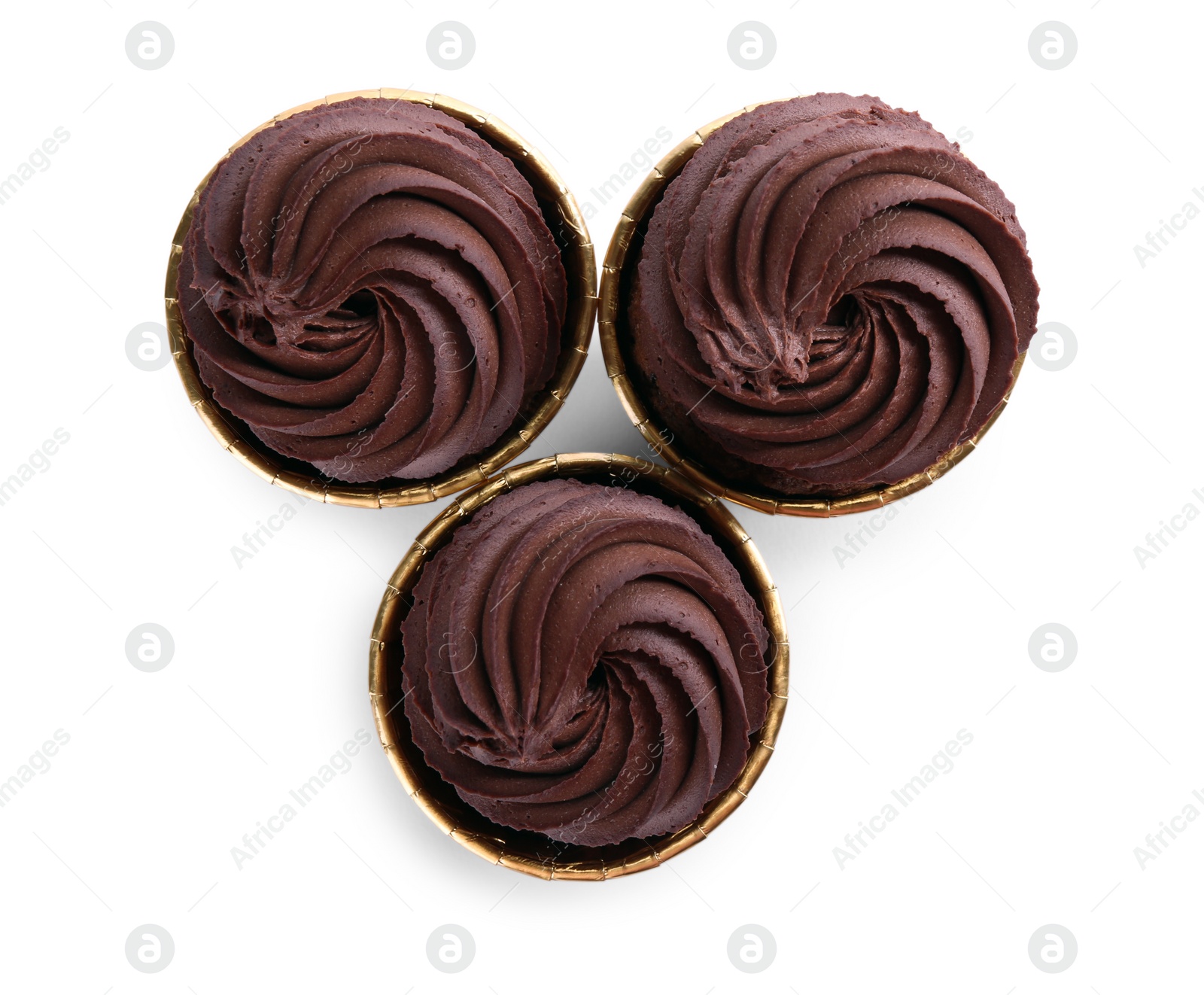 Photo of Delicious chocolate cupcakes isolated on white, top view